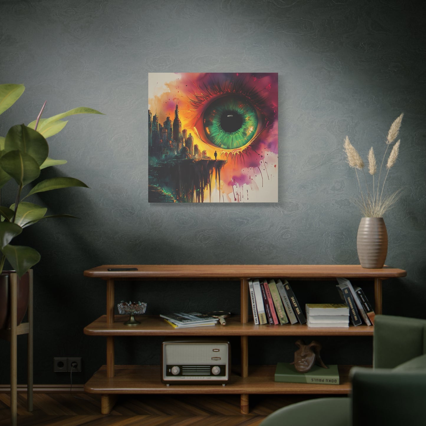 A Grey Walled Living Room with a Fantasy City Canvas Print of an Eye Overseeing the People and the Streets. An Ink and Watercolor Thought-Provoking View.