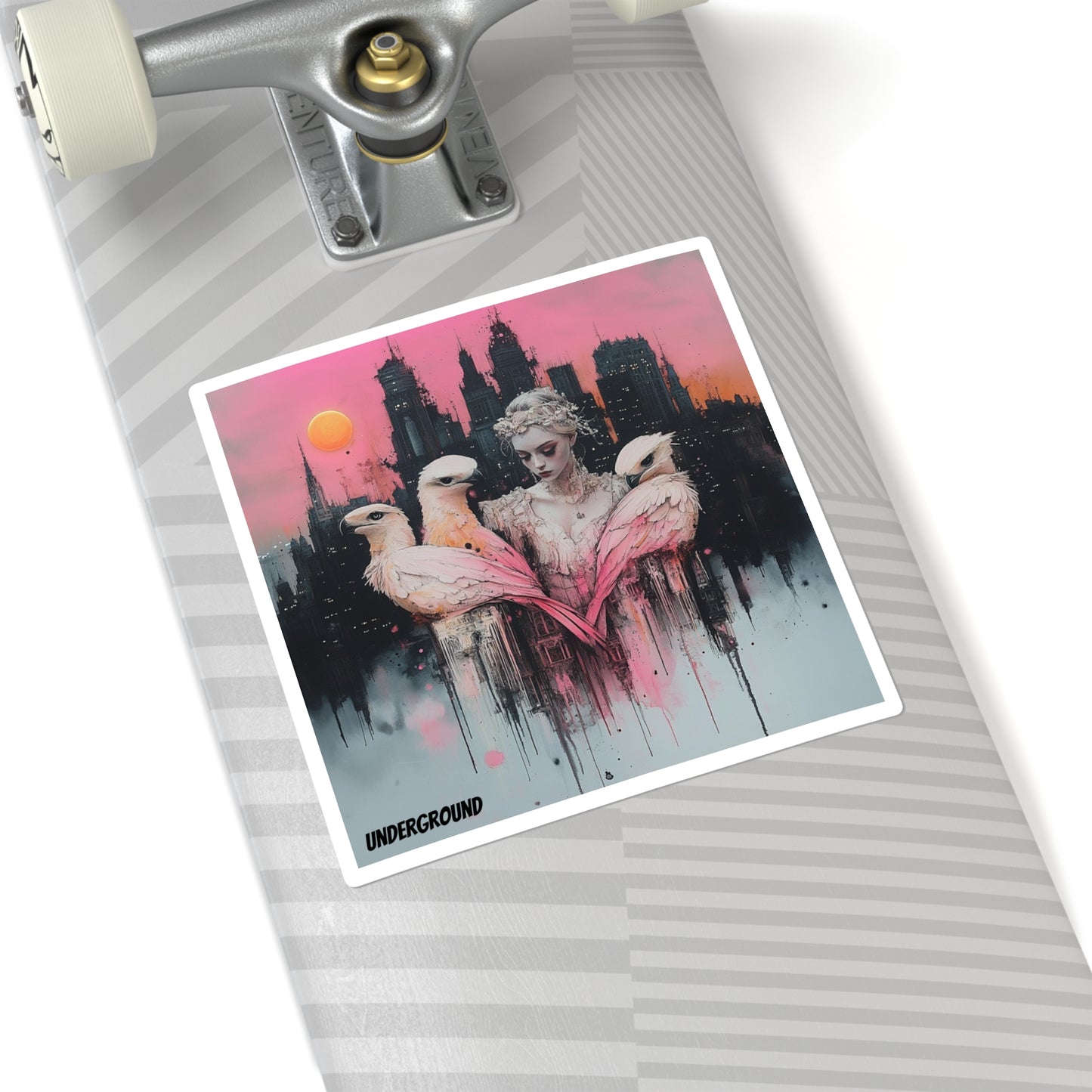 City Whispers of the Winged Sticker - Ink and Pastel Watercolors Art