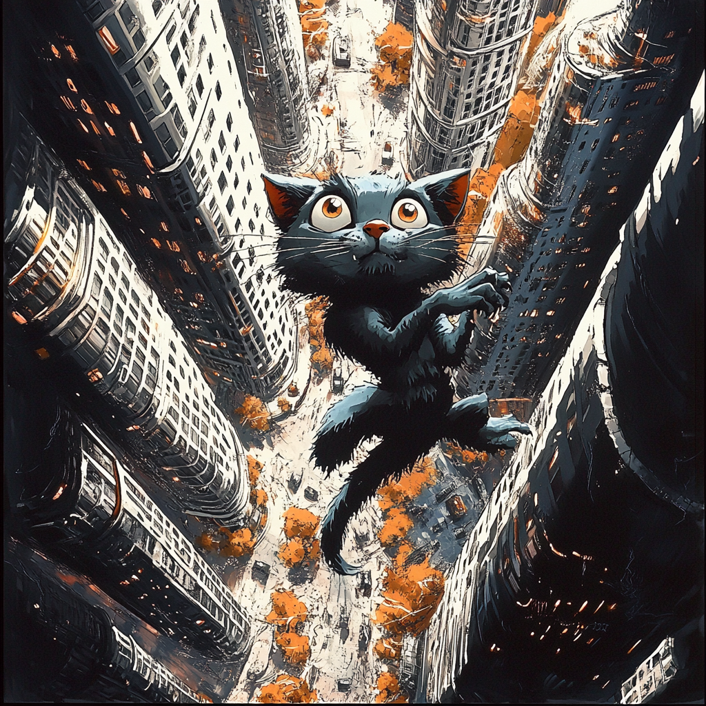 One Life Down City Art Print - Comic Style Street Cat Art