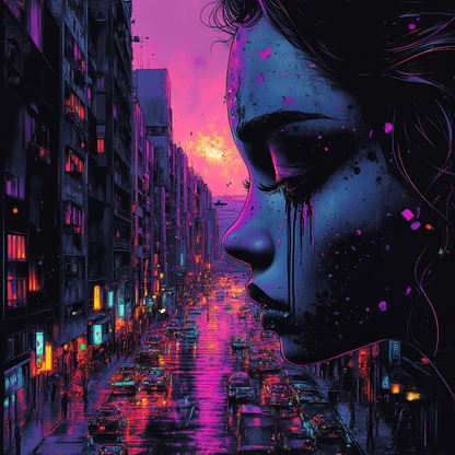 Grief in Neon Dreams Canvas Print - City Nights on the Street Art