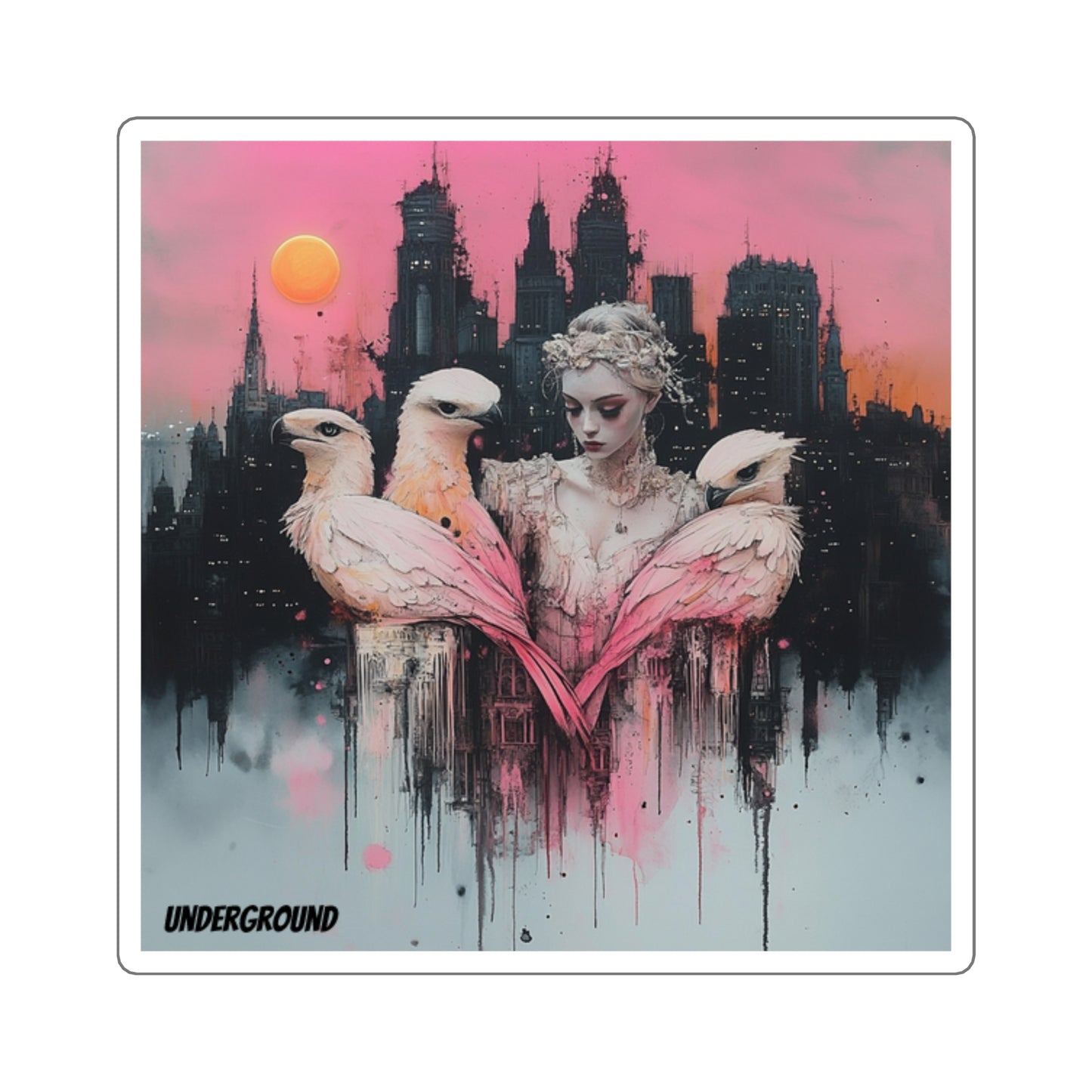 City Whispers of the Winged Sticker - Ink and Pastel Watercolors Art