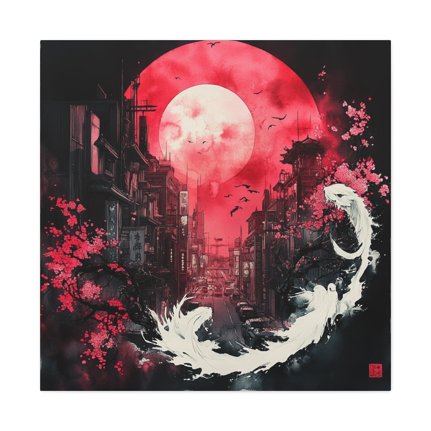 Ink and watercolor Canvas Print of a City Street. Asian influenced urban Art. Yin and Yang. Night sky.