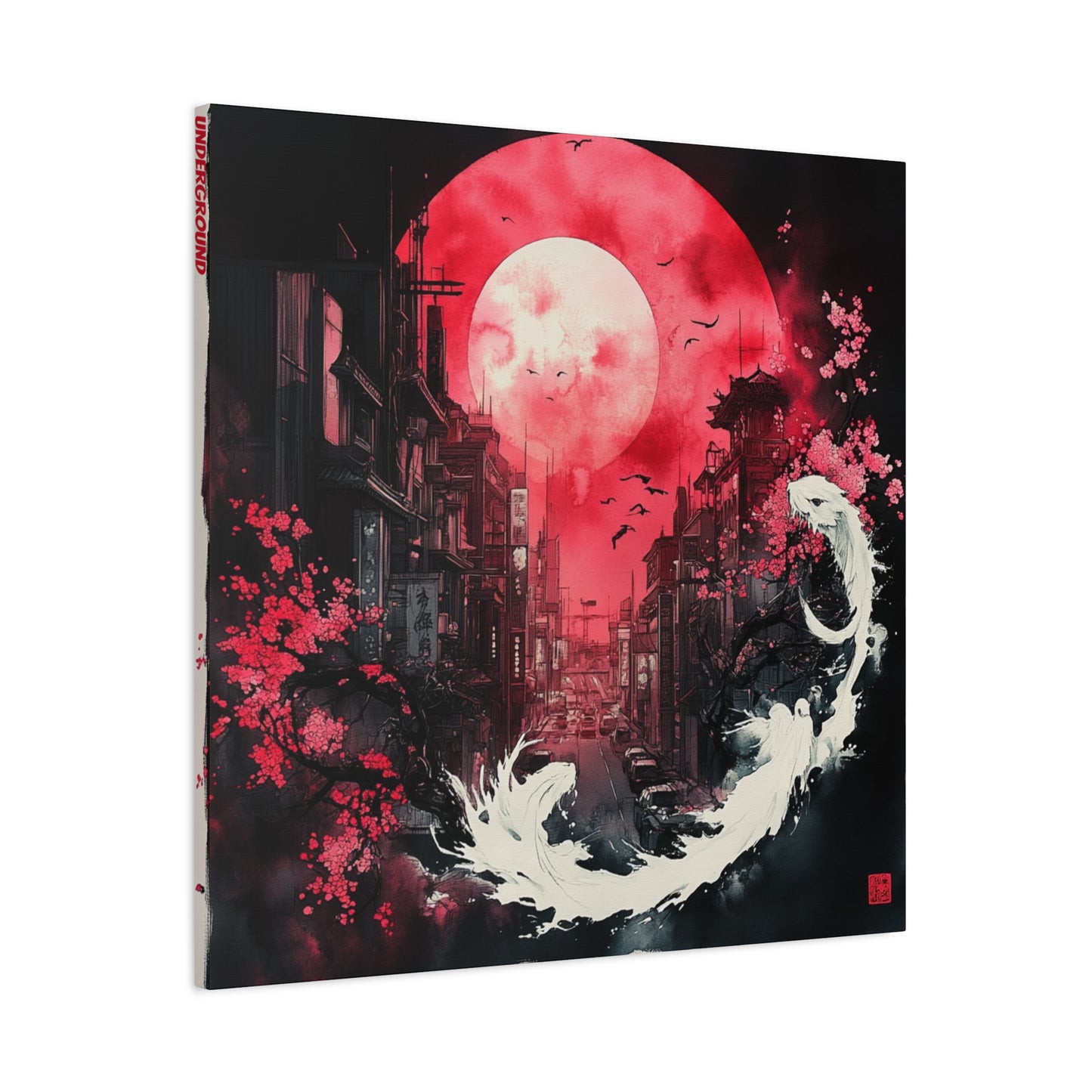 Ink and watercolor Canvas Print of a City Street. Asian influenced urban Art. Yin and Yang. Night sky. By C.N.G. Underground