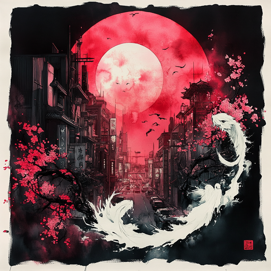 Ink and watercolor Image of a City Street. Asian influenced urban Art. Yin and Yang. Night sky.