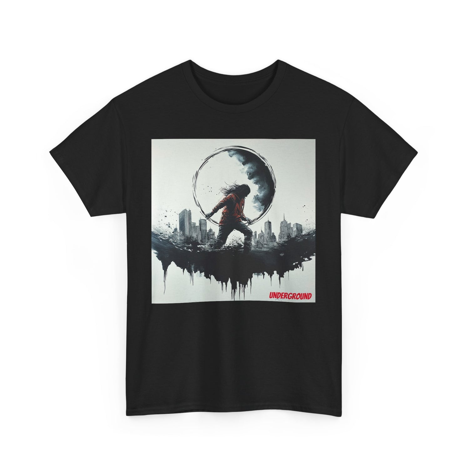 black Graphic T-shirt of an image of a Minimalistic ink drawing of a woman in a red hoodie wading through water, silhouetted within the moon, with a cityscape in the background. A striking blend of urban and surreal art.