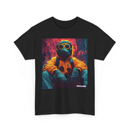 Black Graphic T-shirt with an Image of a Bold comic-style illustration of a gorilla in streetwear, rocking headphones, sunglasses, and a hoodie. Vibrant urban art with a street culture edge.