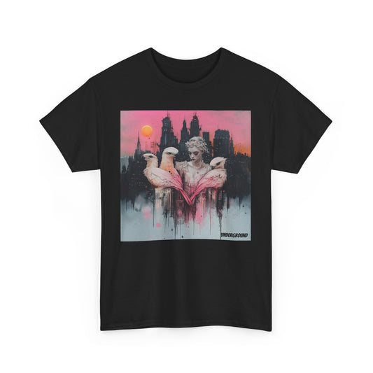 Black Graphic T-shirt with an image of an Elegant ink and pastel watercolor of a woman standing before a breathtaking cityscape, holding three vibrant pink parrots. A fusion of urban beauty and artistic expression.