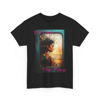 Black Graphic T-shirt with the image of a Thought-provoking ink and pastel artwork of a beautiful woman seen through a train window, seamlessly blending into the cityscape. A striking fusion of urban life and artistic expression.