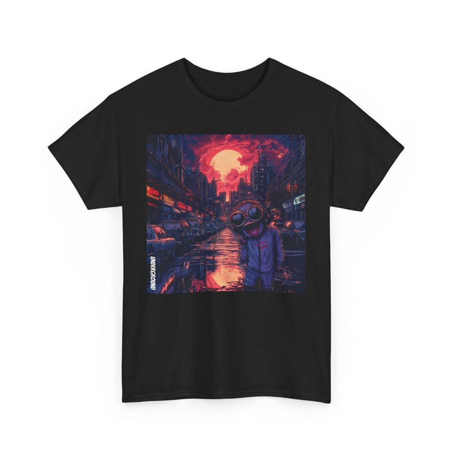 Black Graphic T-Shirt with the Image of a gritty comic book-style artwork of a strange man in aviator glasses with a wide-open mouth, set against a busy, dirty city street at dusk.