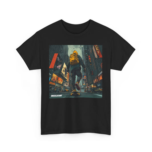 black Graphic T-shirt with the image of an urban streetwear skateboarder cruising down a city street, Skyscrapers and Ad Signs, wearing a hoodie and backpack. Bold comic book art style.