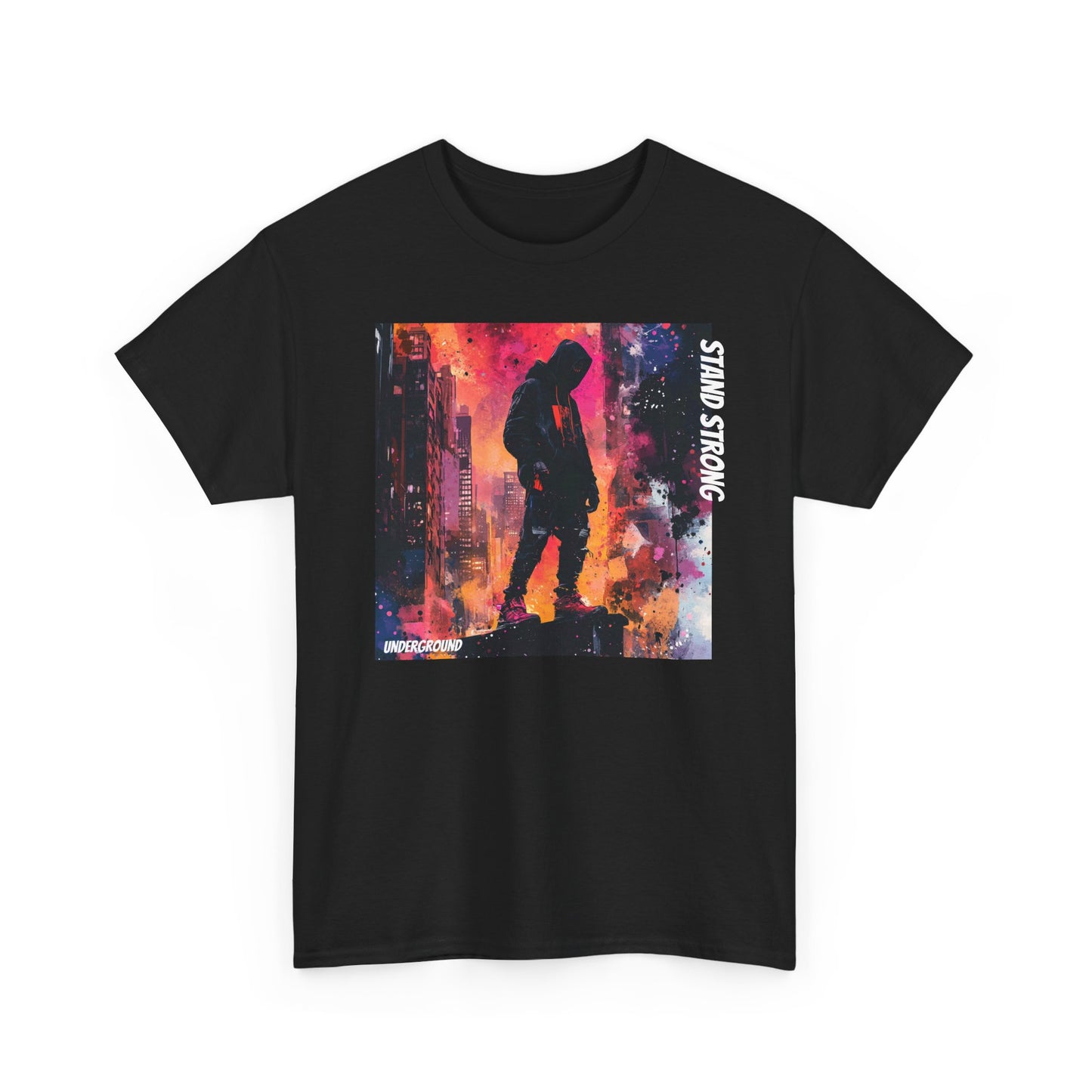 Black Graphic T-shirt with an image of a Hooded man standing strong on a building ledge with a vibrant city skyline in the background. Bold, street-culture-inspired artwork with striking colors.