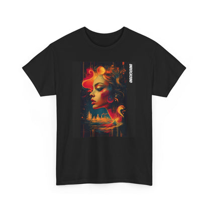 Black Graphic T-shirt with the image of a Vibrant and colorful artwork of a woman gazing over an artistic cityscape. A bold and expressive urban-inspired ink and watercolor piece.