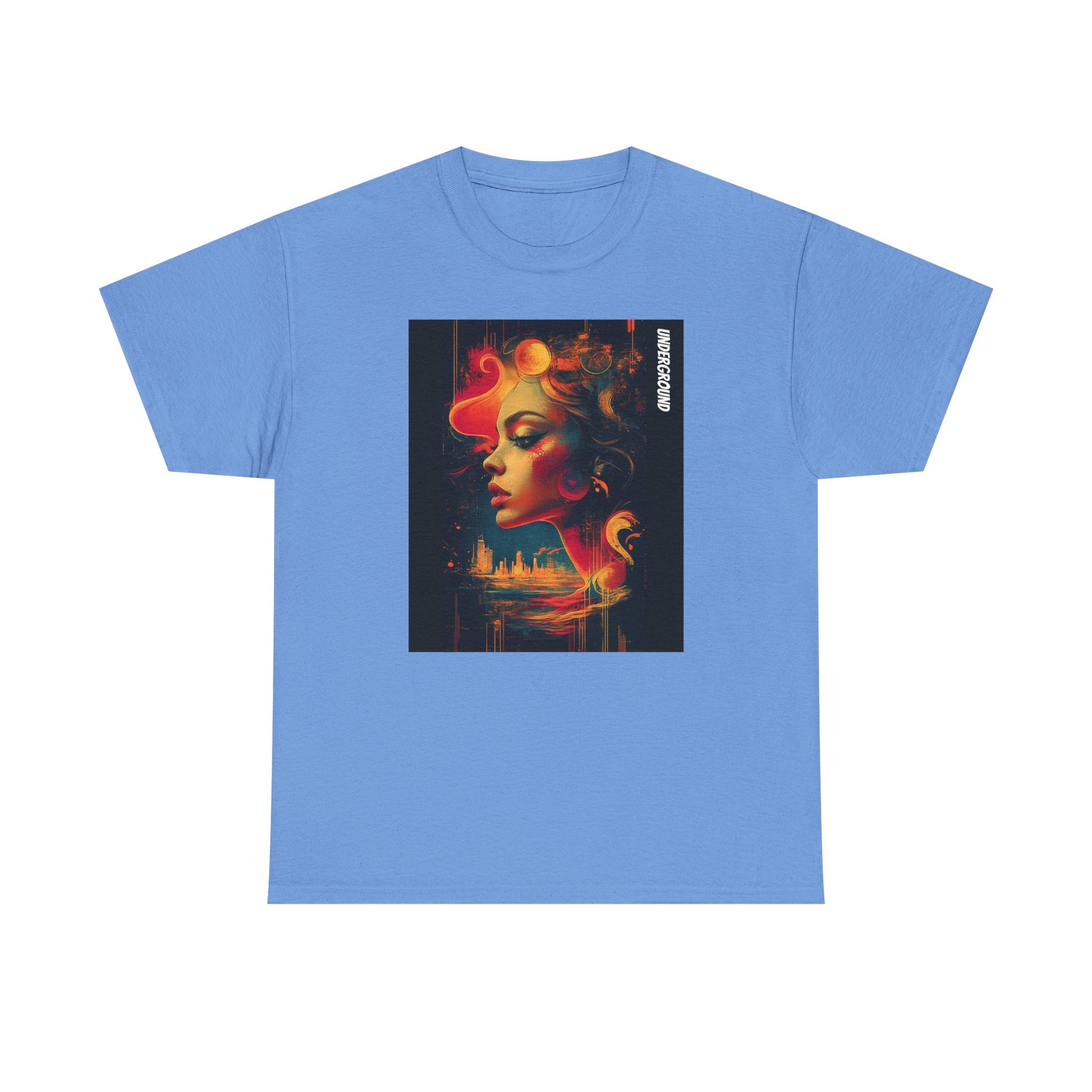 blue Graphic T-shirt with the image of a Vibrant and colorful artwork of a woman gazing over an artistic cityscape. A bold and expressive urban-inspired ink and watercolor piece.