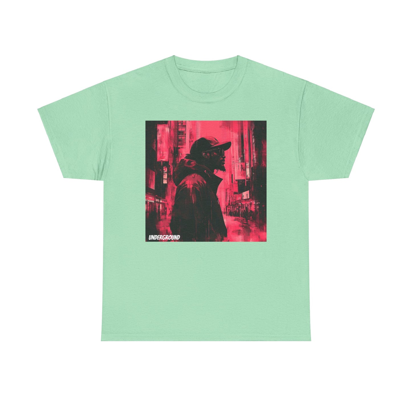 Green Graphic T-shirt with an Ink and watercolor image of a man's silhouette standing in a cityscape, featuring red, black, and white tones.
