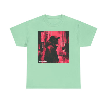 Green Graphic T-shirt with an Ink and watercolor image of a man's silhouette standing in a cityscape, featuring red, black, and white tones.