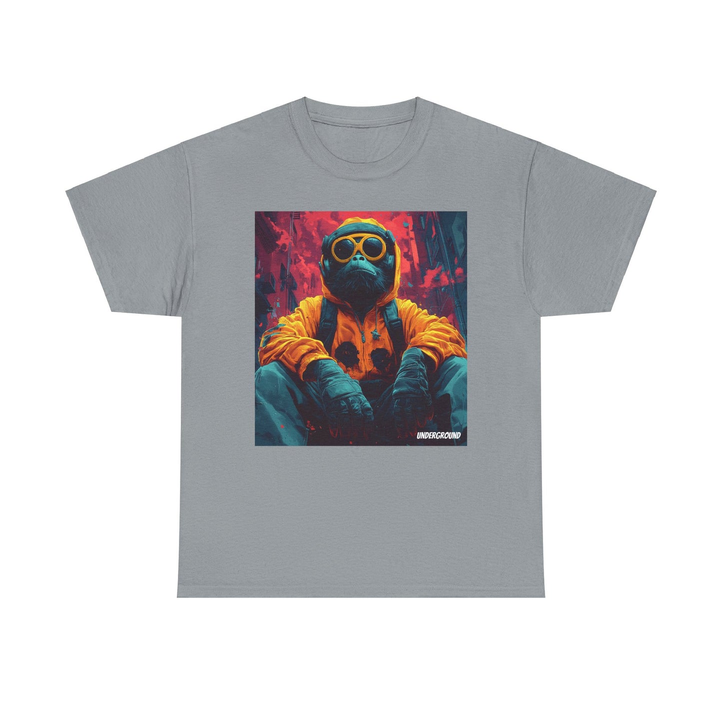 Grey Graphic T-shirt with an Image of a Bold comic-style illustration of a gorilla in streetwear, rocking headphones, sunglasses, and a hoodie. Vibrant urban art with a street culture edge.