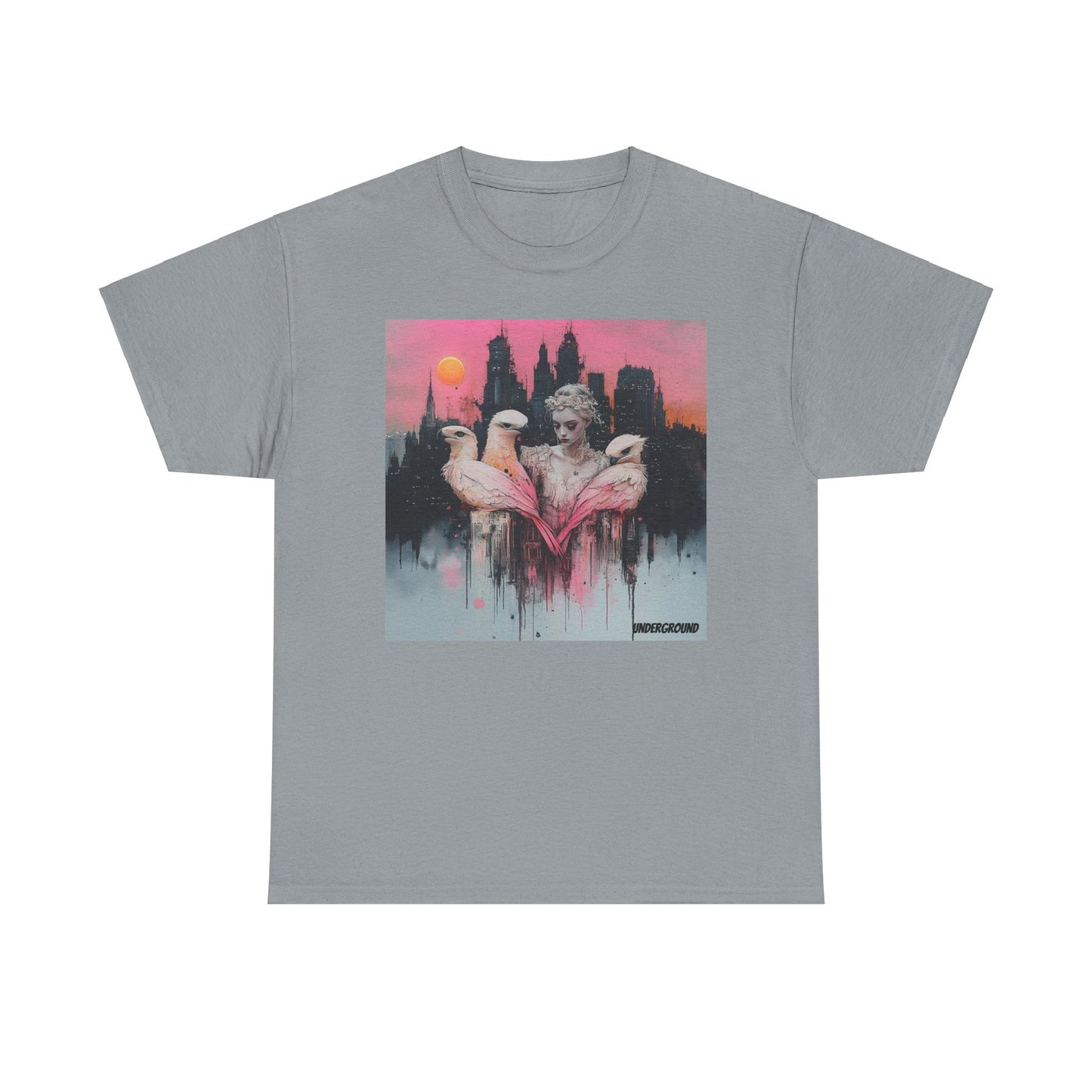 grey Graphic T-shirt with an image of an Elegant ink and pastel watercolor of a woman standing before a breathtaking cityscape, holding three vibrant pink parrots. A fusion of urban beauty and artistic expression.