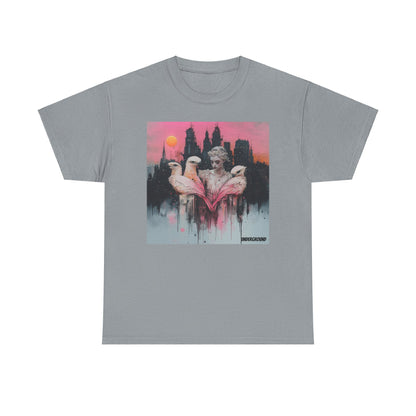 grey Graphic T-shirt with an image of an Elegant ink and pastel watercolor of a woman standing before a breathtaking cityscape, holding three vibrant pink parrots. A fusion of urban beauty and artistic expression.