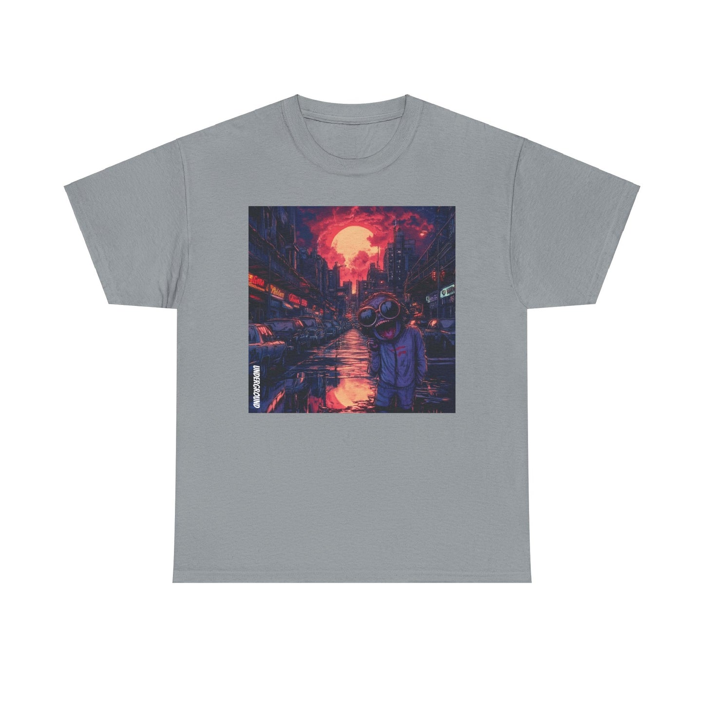 Grey Graphic T-Shirt with the Image of a gritty comic book-style artwork of a strange man in aviator glasses with a wide-open mouth, set against a busy, dirty city street at dusk.