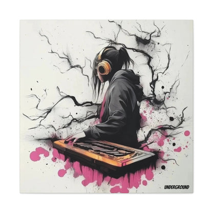 Ink and paint splatter canvas print of a girl playing Keyboard. Street inspired Urban Art. Whimsical Asphalt cracks.