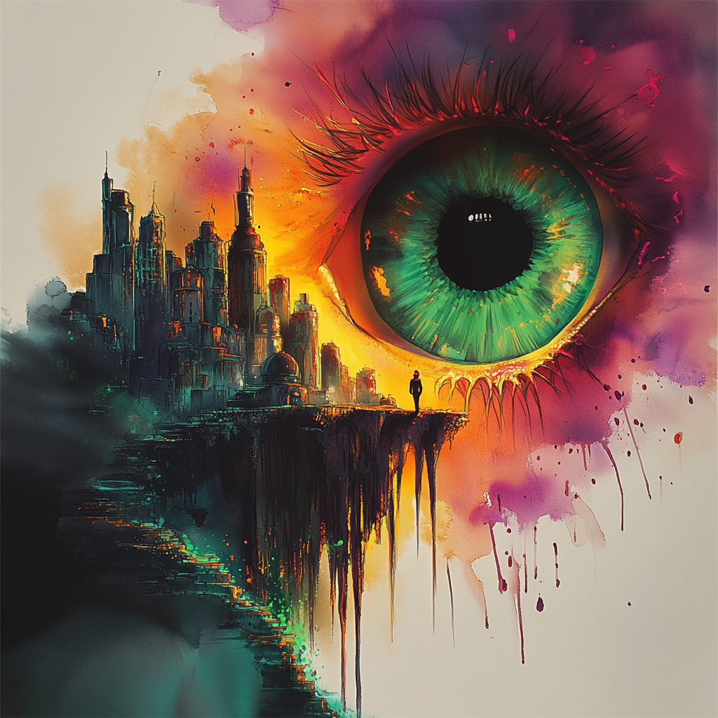 Fantasy City Image of an Eye Overseeing the People and the Streets. An Ink and Watercolor Thought-Provoking View. 