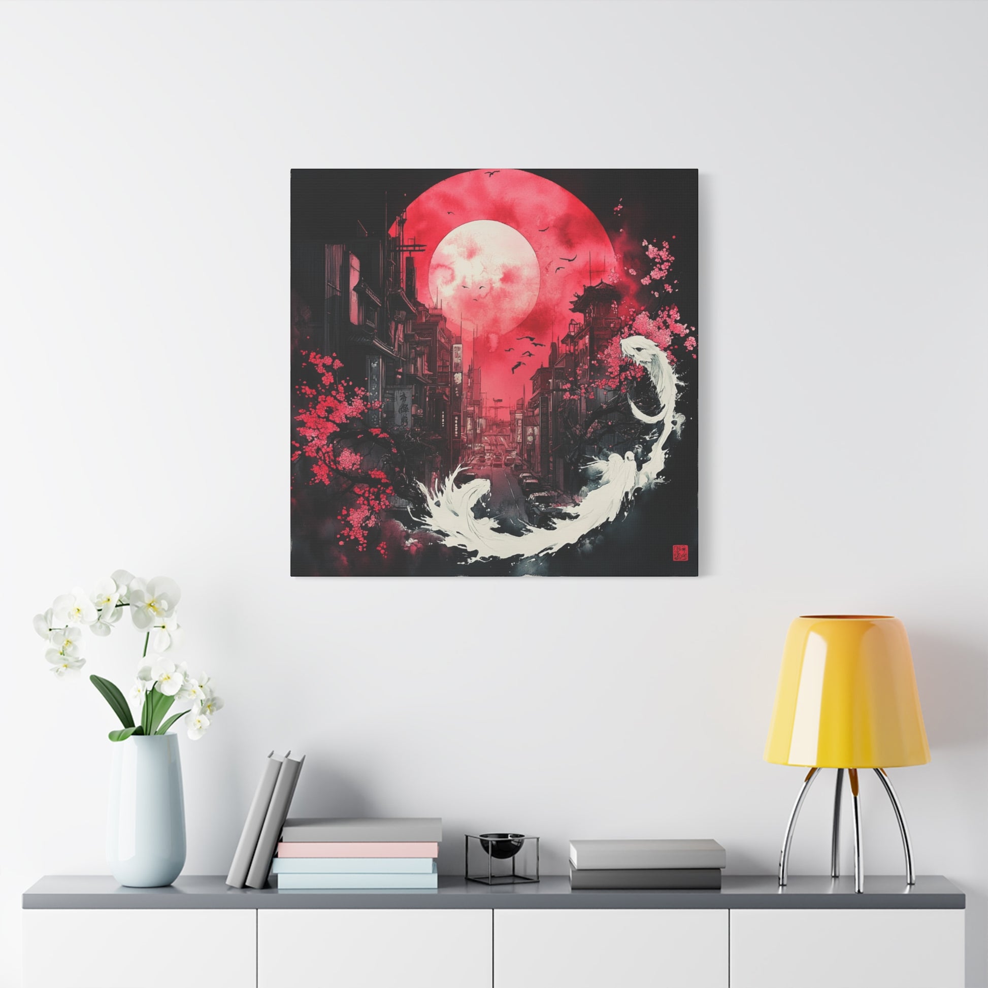 Living Room View of an Ink and watercolor Canvas Print of a City Street. Asian influenced urban Art. Yin and Yang. Night sky. By C.N.G. Underground