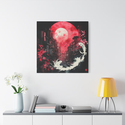 Living Room View of an Ink and watercolor Canvas Print of a City Street. Asian influenced urban Art. Yin and Yang. Night sky. By C.N.G. Underground