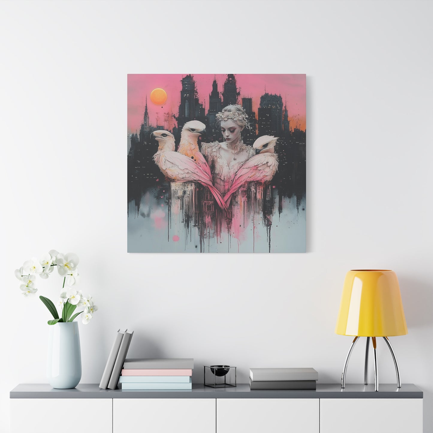 Living Room with an Ink and watercolor Print of A Nighttime Cityscape with an Angel Holding Three Pink Parrots