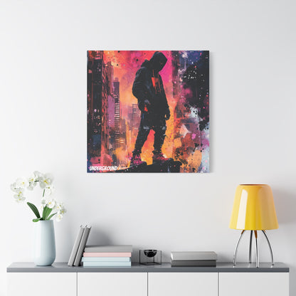 Living Room wall with a Canvas Print of a Strong Urban Street Youth Standing Proud Overlooking the City. Graffiti Inspired Art from the Underground.