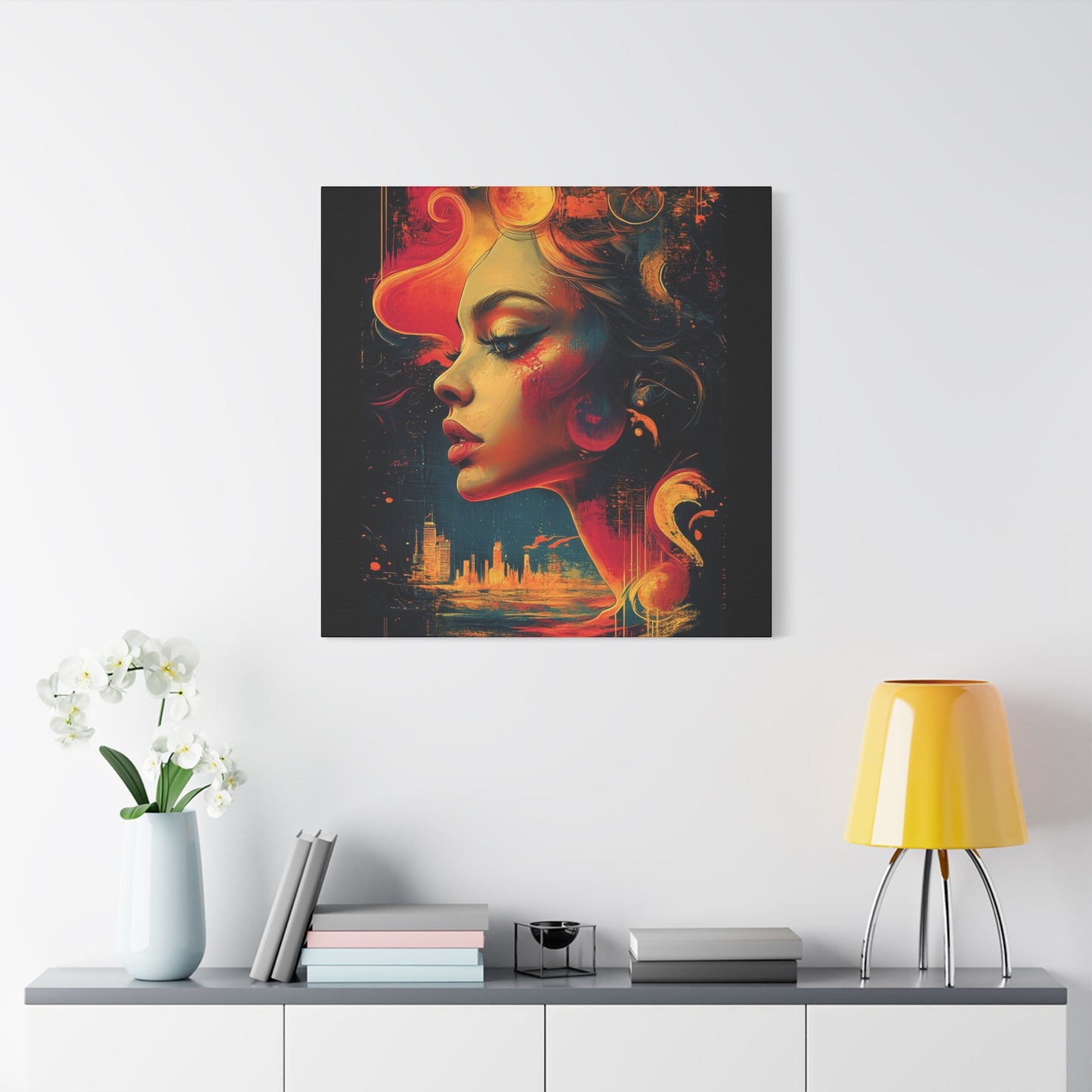 Living room With Print of a Vibrant and colorful artwork of a woman gazing over an artistic cityscape. A bold and expressive urban-inspired ink and watercolor piece.