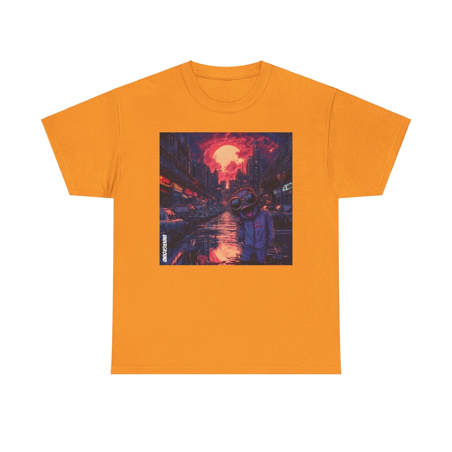 Orange Graphic T-Shirt with the Image of a gritty comic book-style artwork of a strange man in aviator glasses with a wide-open mouth, set against a busy, dirty city street at dusk.