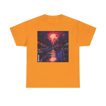 Orange Graphic T-Shirt with the Image of a gritty comic book-style artwork of a strange man in aviator glasses with a wide-open mouth, set against a busy, dirty city street at dusk.