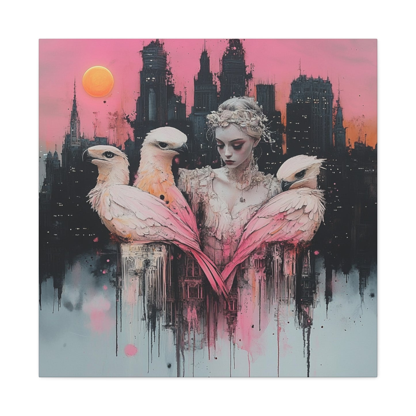 Ink and watercolor Image of A Night time Cityscape with an Angel Holding Three Pink Parrots