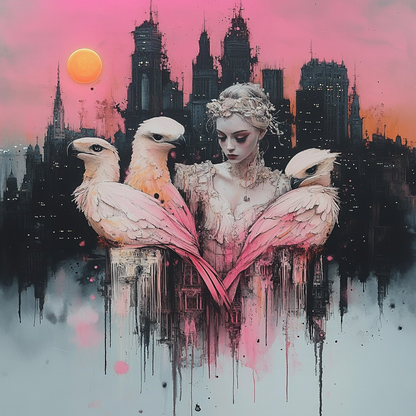 Ink and watercolor Image of A Night time Cityscape with an Angel Holding Three Pink Parrots