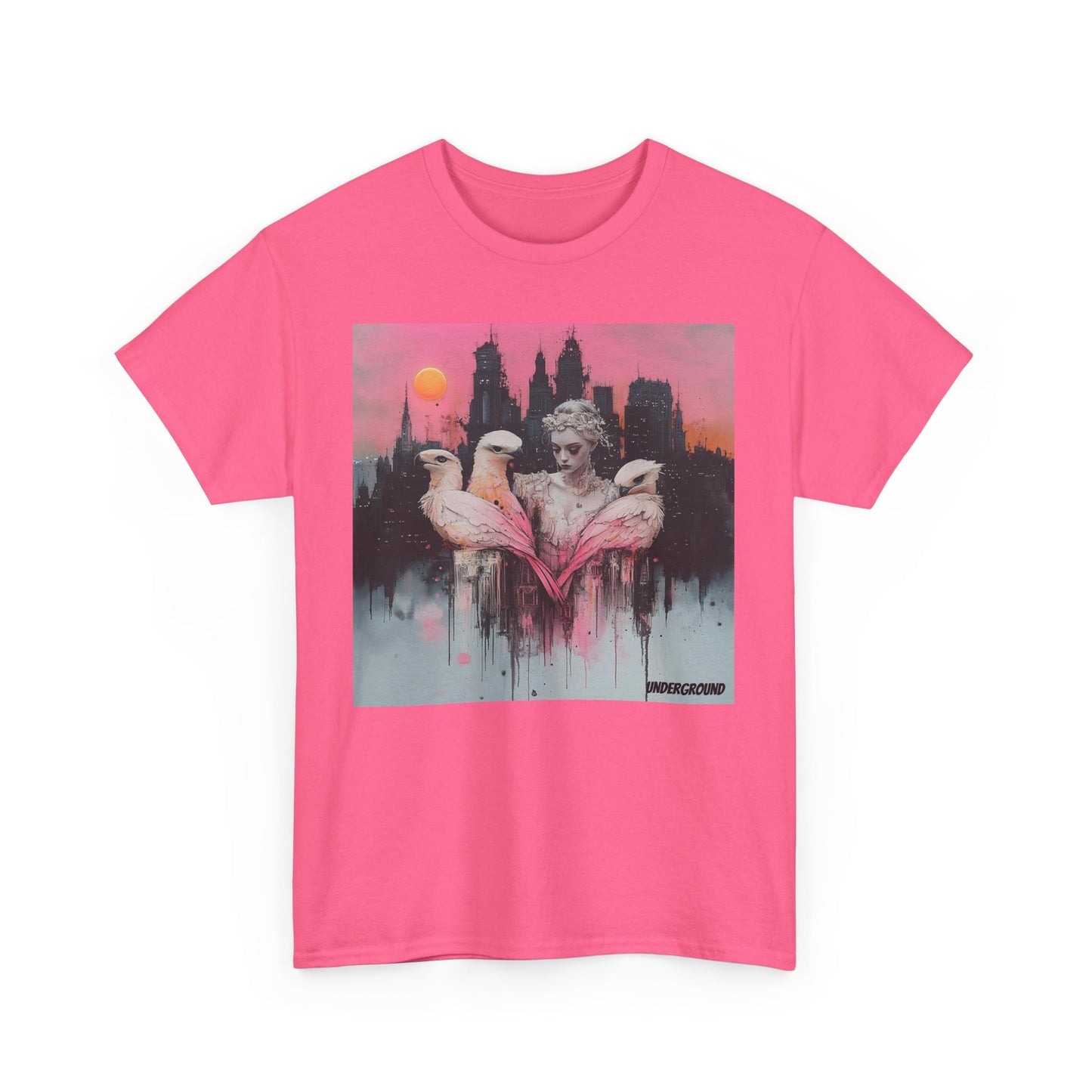 Pink Graphic T-shirt with an image of an Elegant ink and pastel watercolor of a woman standing before a breathtaking cityscape, holding three vibrant pink parrots. A fusion of urban beauty and artistic expression.