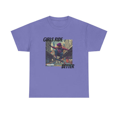 purple Graphic T-shirt with an Image of a Gritty, colorful street-inspired artwork of a girl riding a skateboard, wearing a purple snow hat and a streetwear hoodie. Bold urban expression with the slogan "Girls Ride Better."