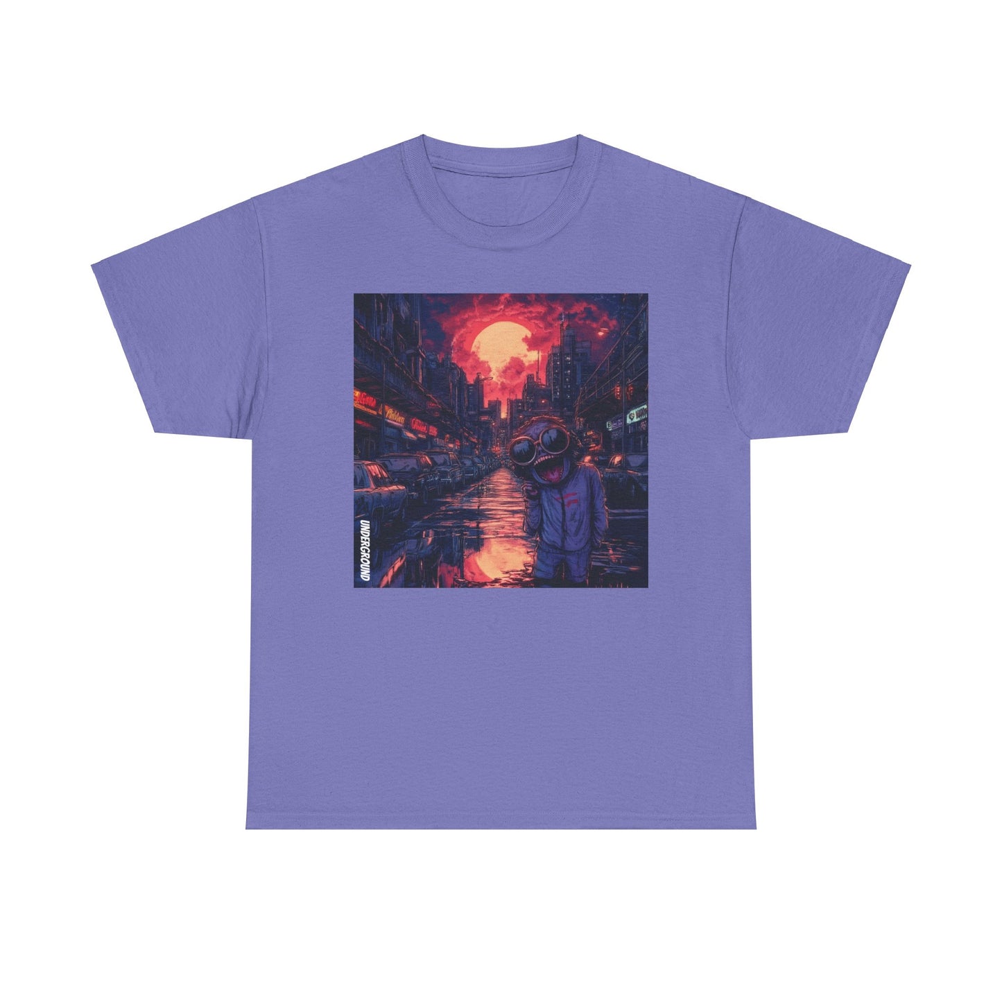 Purple Graphic T-Shirt with the Image of a gritty comic book-style artwork of a strange man in aviator glasses with a wide-open mouth, set against a busy, dirty city street at dusk.