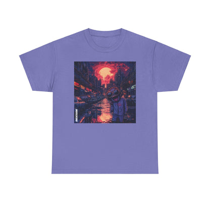 Purple Graphic T-Shirt with the Image of a gritty comic book-style artwork of a strange man in aviator glasses with a wide-open mouth, set against a busy, dirty city street at dusk.