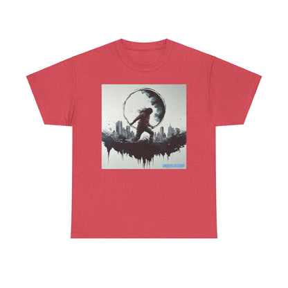 Red Graphic T-shirt of an image of a Minimalistic ink drawing of a woman in a red hoodie wading through water, silhouetted within the moon, with a cityscape in the background. A striking blend of urban and surreal art.