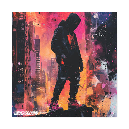 Canvas Print of a Strong Urban Street Youth Standing Proud Overlooking the City. Graffiti Inspired Art from the Underground.