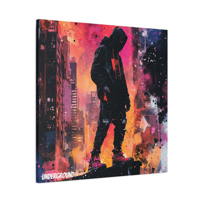 Canvas Print of a Strong Urban Street Youth Standing Proud Overlooking the City. Graffiti Inspired Art from the Underground.