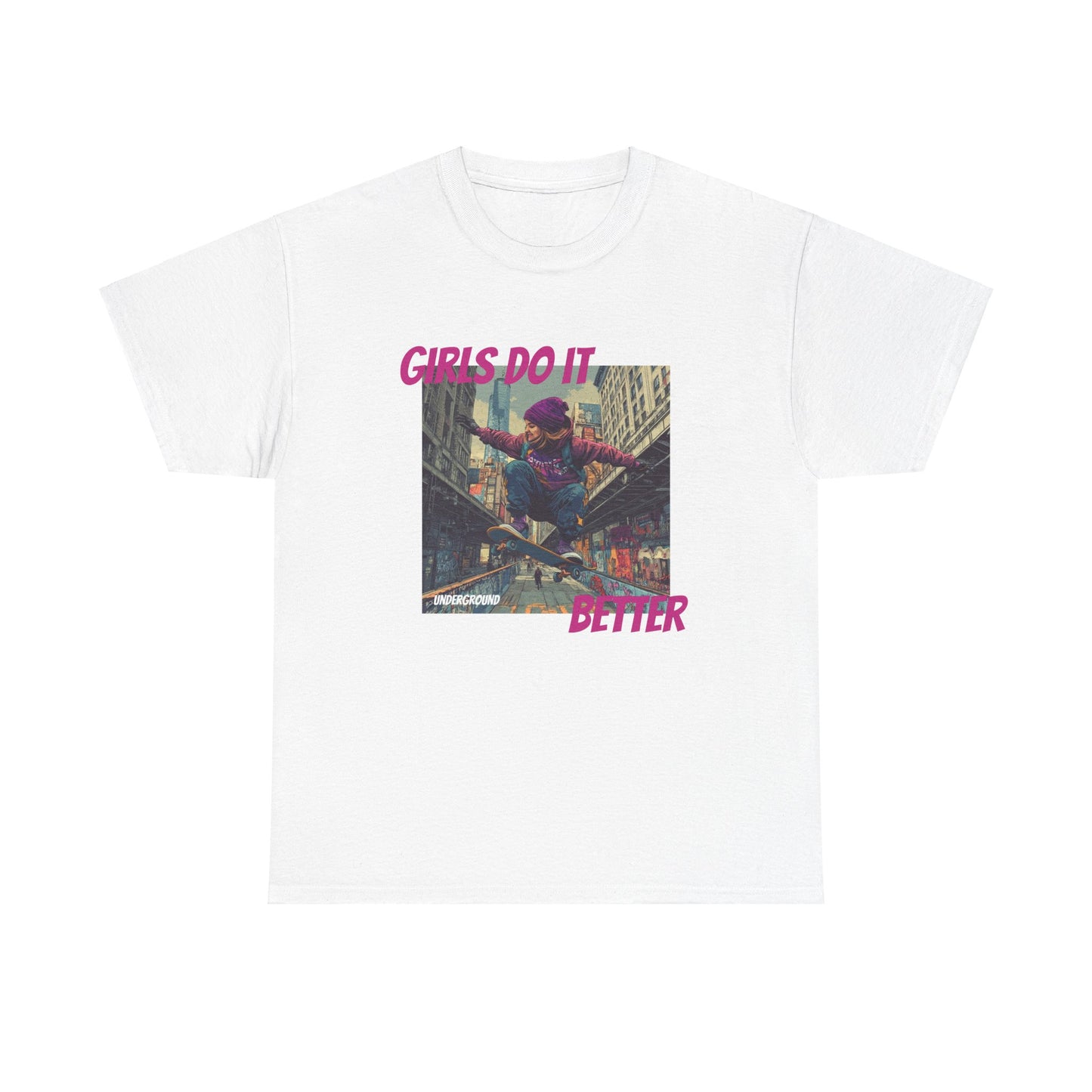 white Graphic T-shirt with an Image of a Gritty, colorful street-inspired artwork of a girl riding a skateboard, wearing a purple snow hat and a streetwear hoodie. Bold urban expression with the slogan "Girls Ride Better."