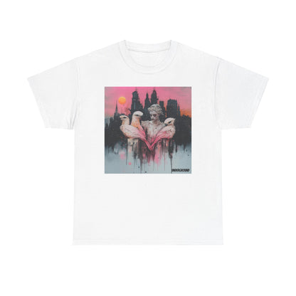 White Graphic T-shirt with an image of an Elegant ink and pastel watercolor of a woman standing before a breathtaking cityscape, holding three vibrant pink parrots. A fusion of urban beauty and artistic expression.