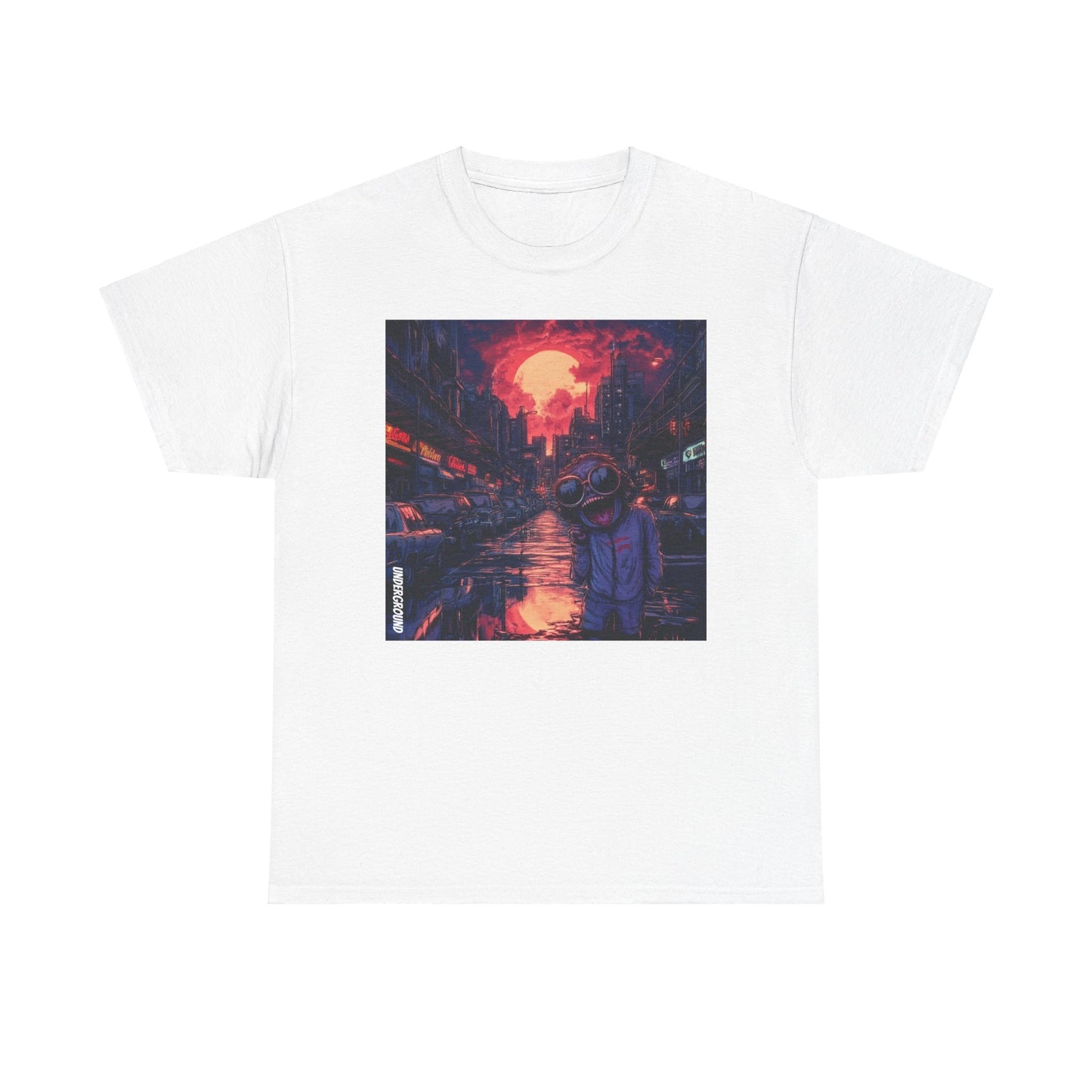 White Graphic T-Shirt with the Image of a gritty comic book-style artwork of a strange man in aviator glasses with a wide-open mouth, set against a busy, dirty city street at dusk.