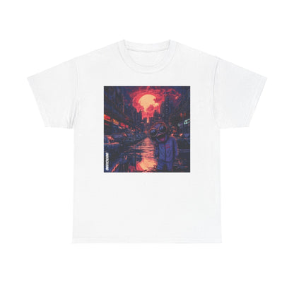 White Graphic T-Shirt with the Image of a gritty comic book-style artwork of a strange man in aviator glasses with a wide-open mouth, set against a busy, dirty city street at dusk.