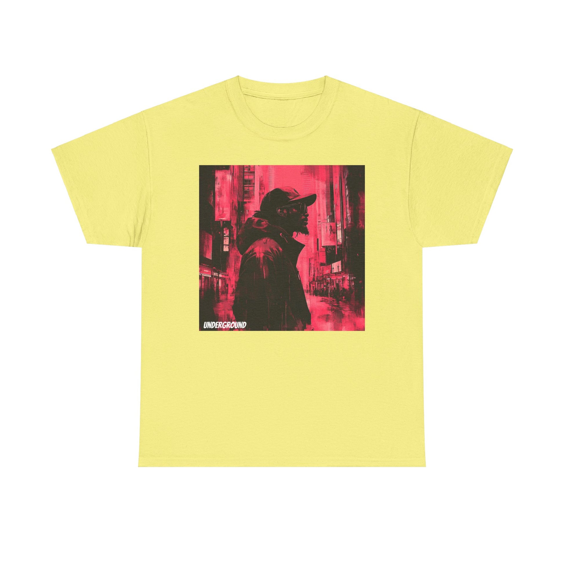 Yellow Graphic T-shirt with an Ink and watercolor image of a man's silhouette standing in a cityscape, featuring red, black, and white tones.