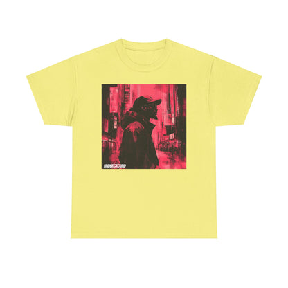 Yellow Graphic T-shirt with an Ink and watercolor image of a man's silhouette standing in a cityscape, featuring red, black, and white tones.