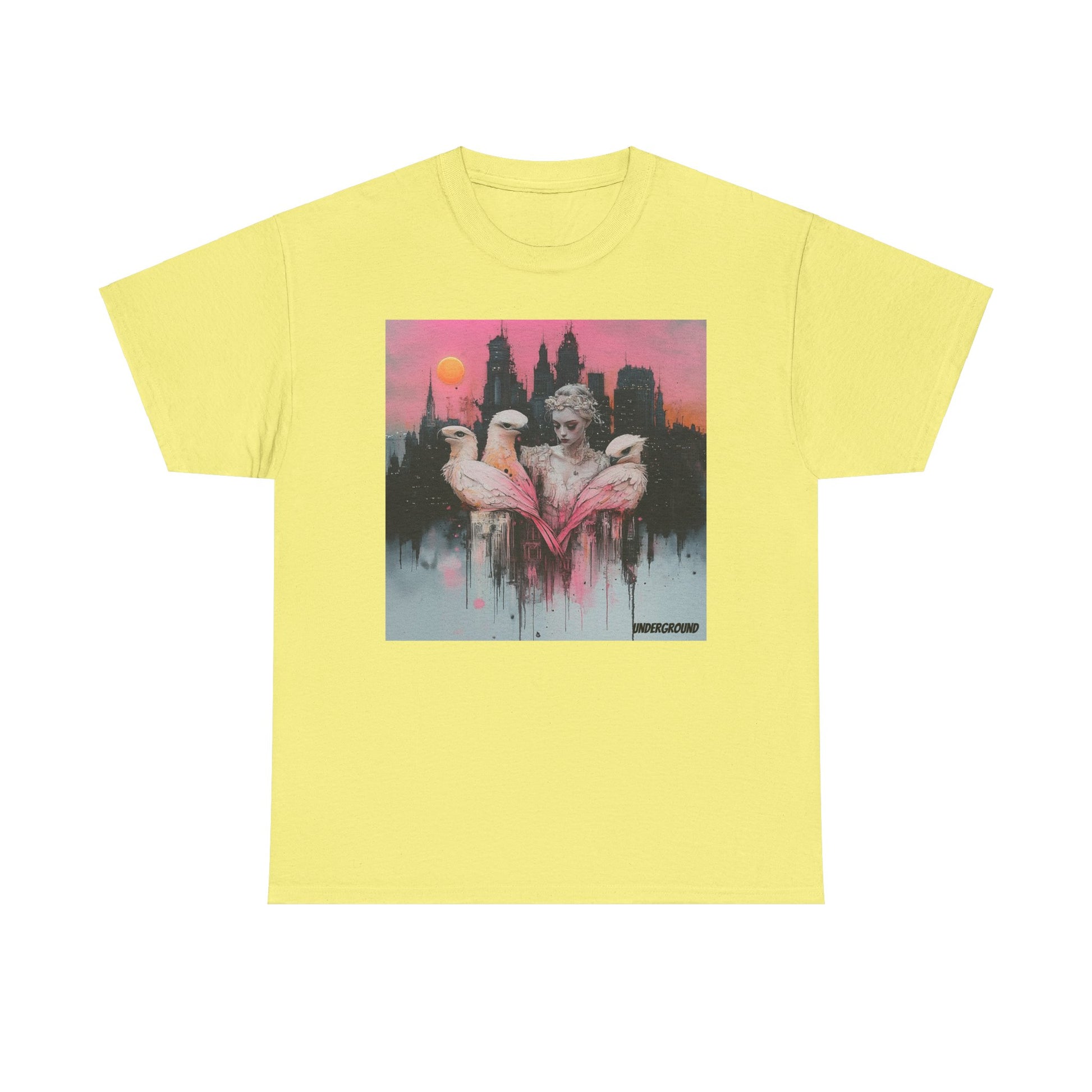 Yellow Graphic T-shirt with an image of an Elegant ink and pastel watercolor of a woman standing before a breathtaking cityscape, holding three vibrant pink parrots. A fusion of urban beauty and artistic expression.