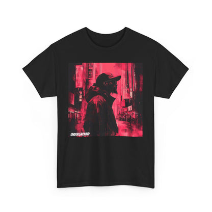 Black Graphic T-shirt with an Ink and watercolor image of a man's silhouette standing in a cityscape, featuring red, black, and white tones.
