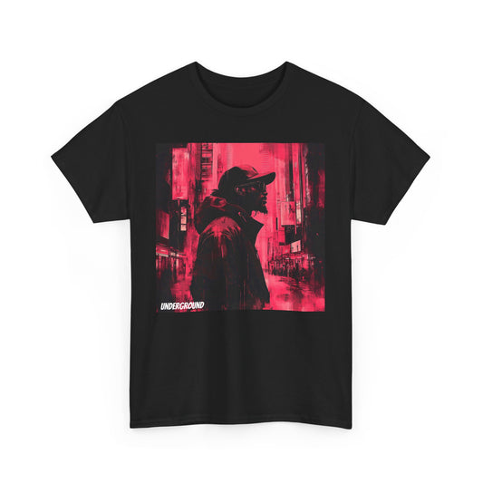 Black Graphic T-shirt with an Ink and watercolor image of a man's silhouette standing in a cityscape, featuring red, black, and white tones.